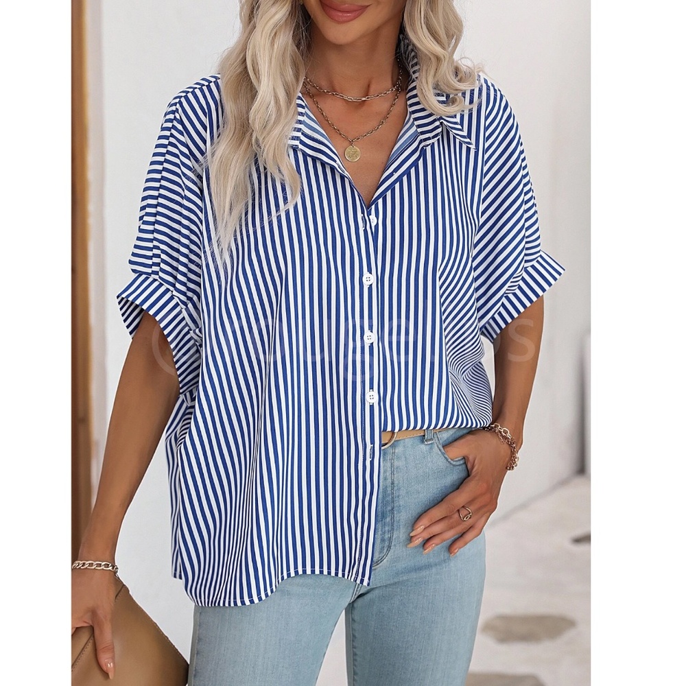 Striped Blue White Button Up Front Shirt Oversized Half Sleeve Collar - Picture 3 of 9